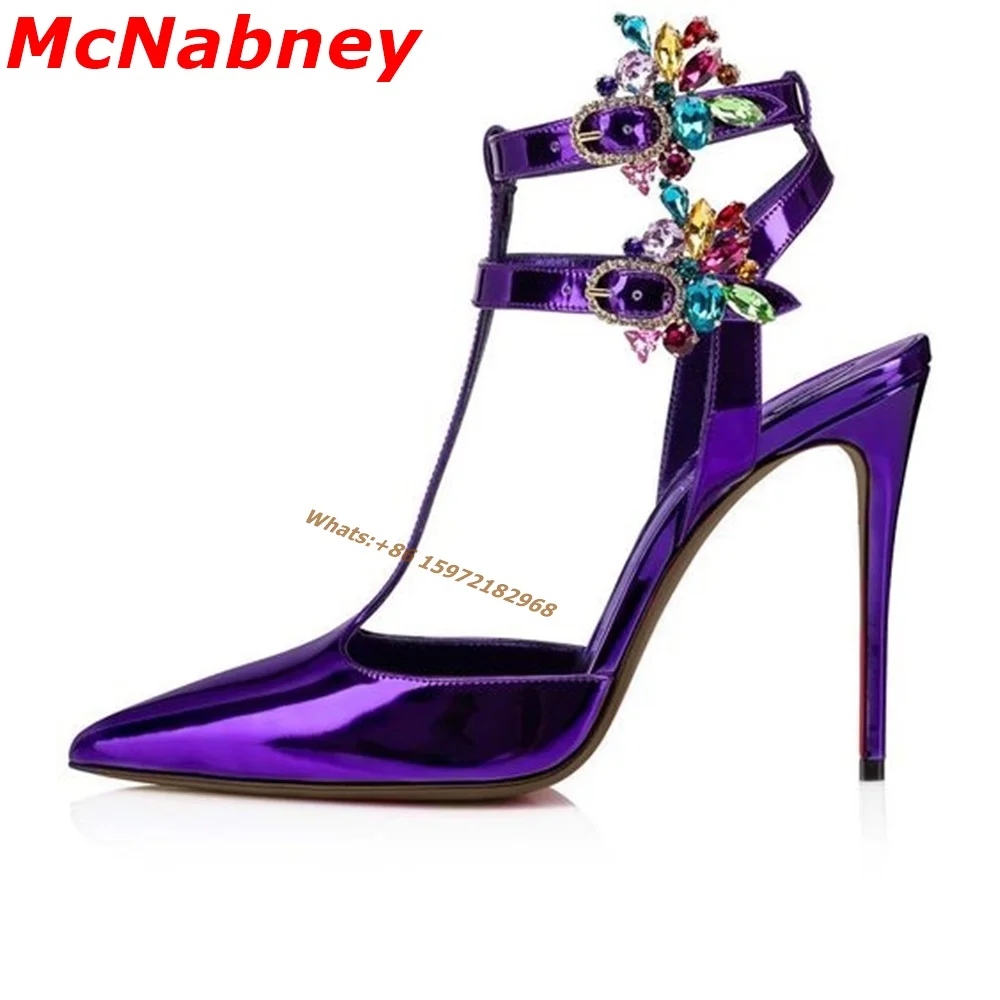 Купи 2022 New Sexy Women's Pumps Patent Pointy Toe Solid Purple T Straps Ankle Buckles Pump Stiletto Heel Hollow Summer Dress Shoes за 6,500 рублей в магазине AliExpress