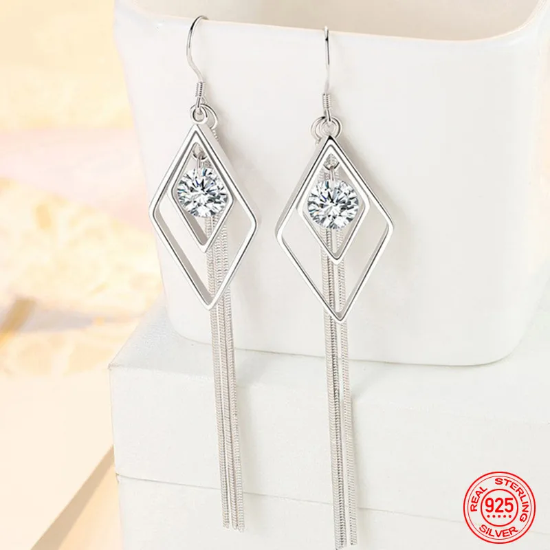 

925 Sterling Silver Long Tassel Dangle Earrings For Women Fashion Wedding Jewelry Gift