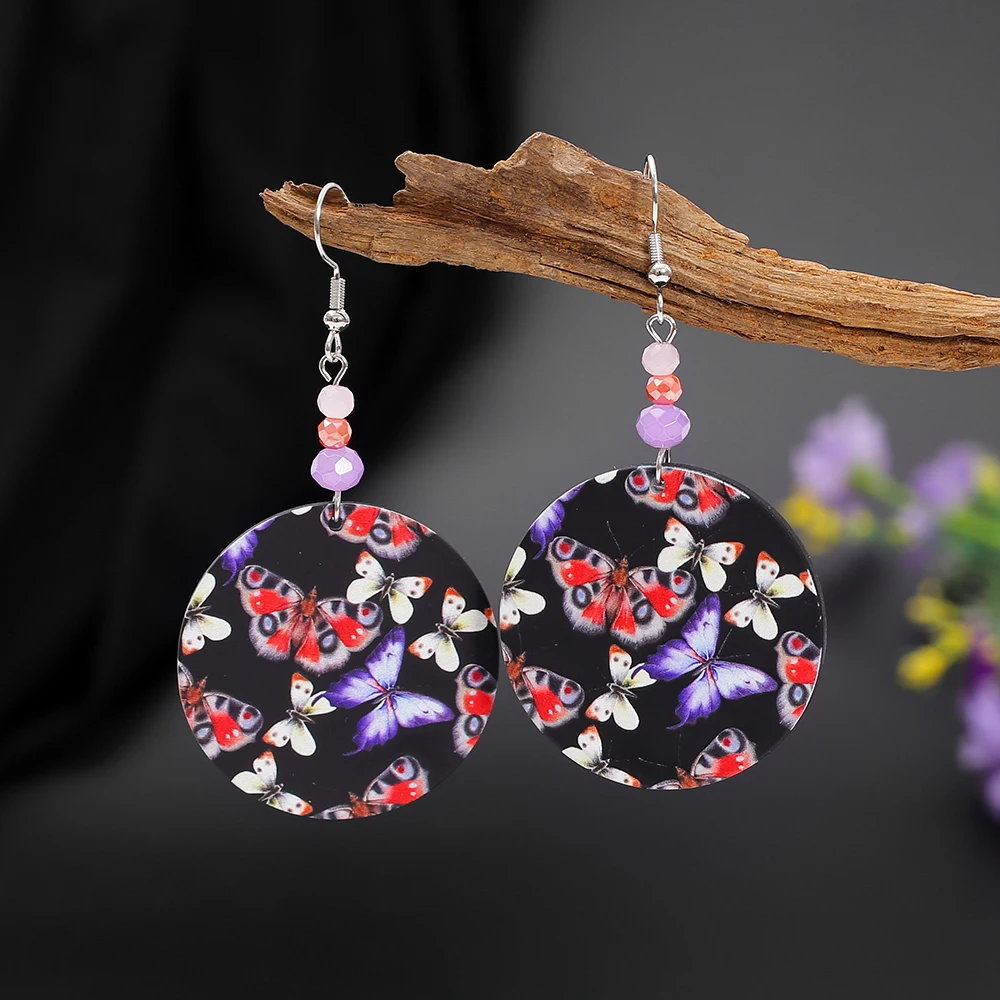 Новые модные круглые черные акриловые висячие серьги с принтом бабочки Relievo для