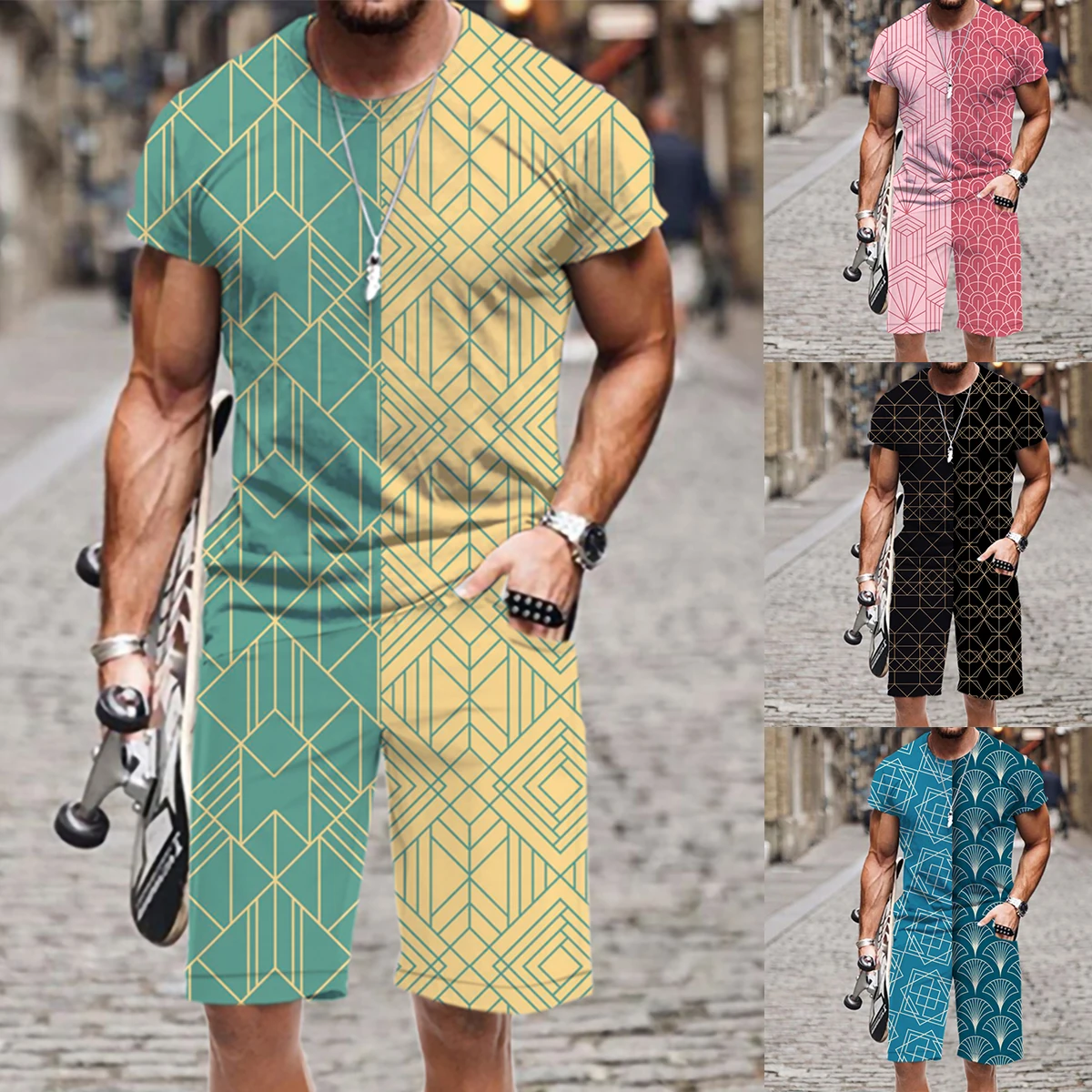 

2022 Summer Short Sleeve 3D Splicing Printed Suit Men's Fashion Outfit Beach Sportswear Shirts Short 2-piece Set men's tracksui