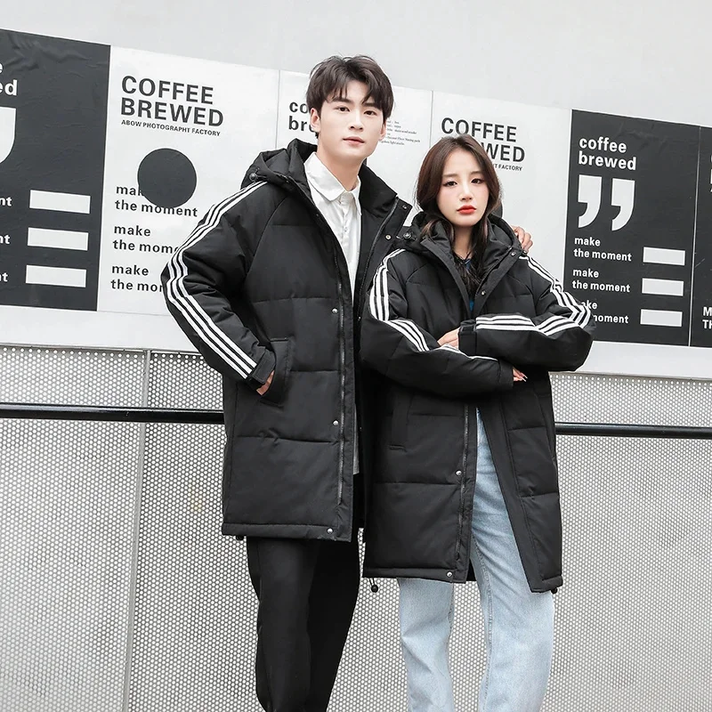 

Пуховик X-long на белом утином пуху, пуховик с тремя полосками, модные ветрозащитные утепленные парки, зимние пальто с капюшоном