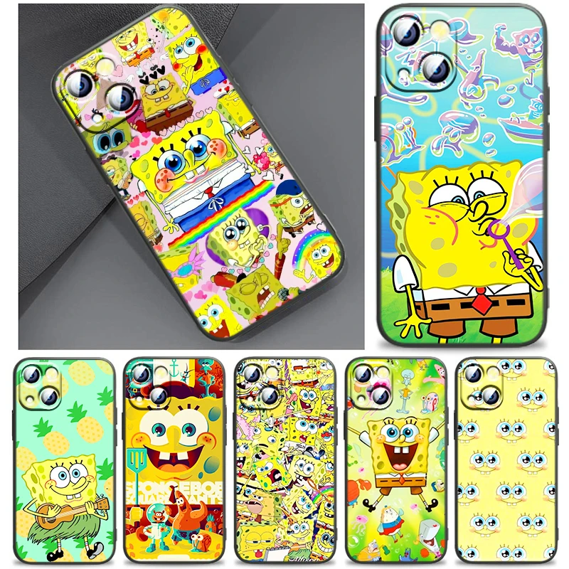 

Funny Cartoon Cute SpongeBob Phone Case For Apple iPhone 14 13 12 11 SE XS XR X 7 8 6 mini Plus Pro MAX 2020 Black Cover