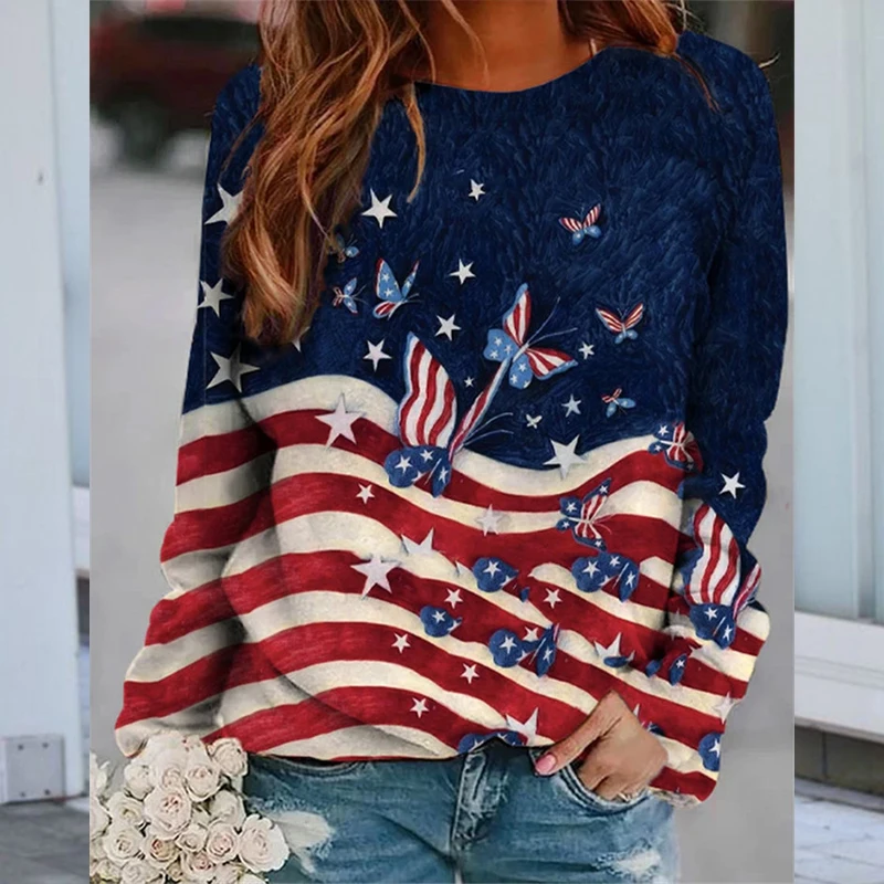 

Vintage American Flag Butterfly Print Oversized Sweatshirt Women Long Sleeve Streetwear O Neck Graphic Hoodies Thin Spring Tops