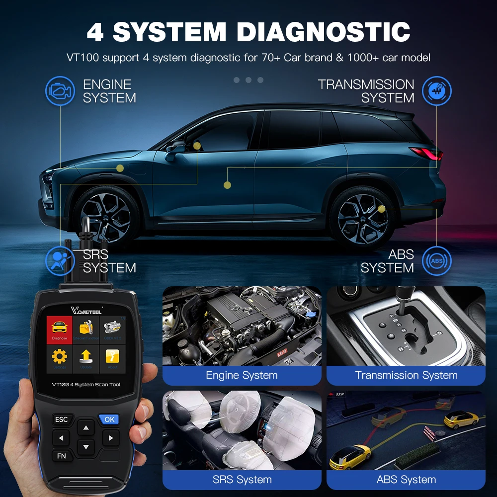 2022 Newest VDIAGTOOL VT100 Engine Analyzer OBD2 Diagnostic tools ABS SRS Transmission EOBD Code Reader Oil reset OBD 2 Scanner |