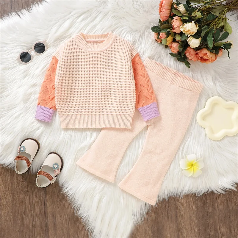 

Toddler Baby Girl Fall Clothes Contrast Color Long Sleeve Tops Flare Pants Set Casual Knit 2 Pcs Outfit