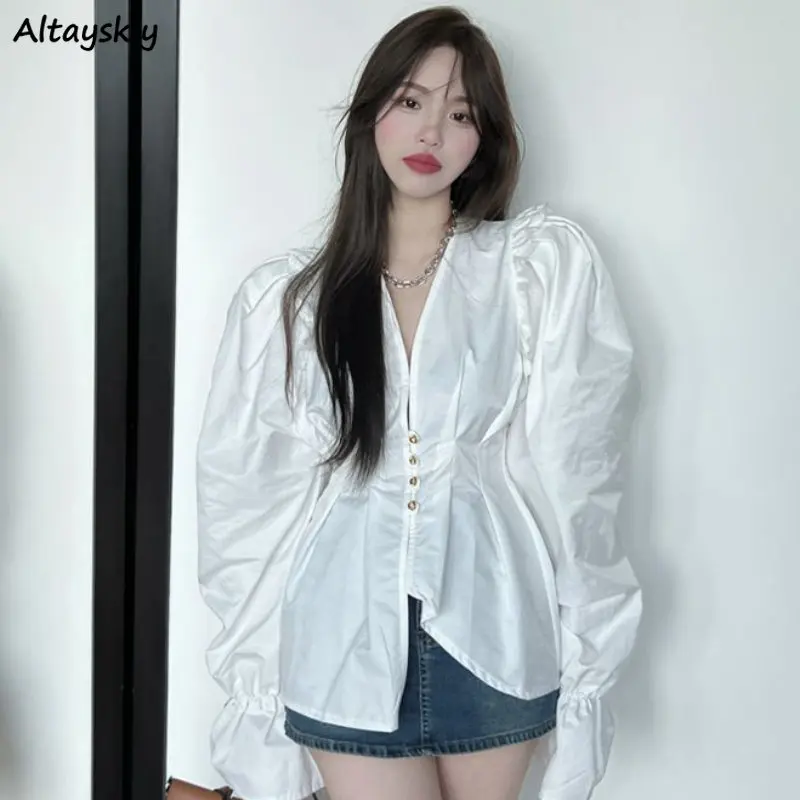 

Shirts Women V-neck Solid Irregular Fashion Chic Vintage Baggy Cozy Spring Temper Korean Style Females All-match Casual Clothing