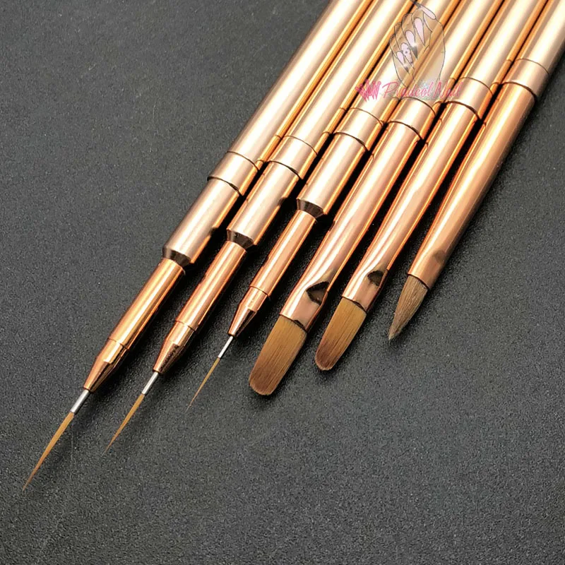 3D Acrylic Nail Art Brush Luxury Full Rose Gold Metal Handle Striping Detailer Pen UV Gel Nail Brushes Tool