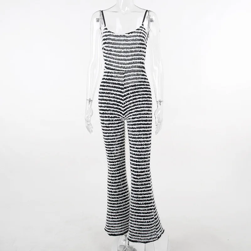 SIYU Backless Sexy Striped One Piece Flared Trousers 2023 Fashion Spaghetti Strap Jumpsuit for Women Party Clubwear Outfits