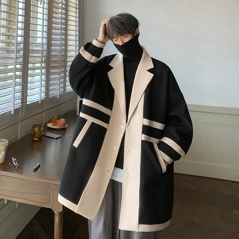 

YASUGUOJI Korean Fashion Patchwork Color Woolen Coat Mens Winter Coat Casual Loose Windbreaker Mid-length Men Woolen Trench Coat
