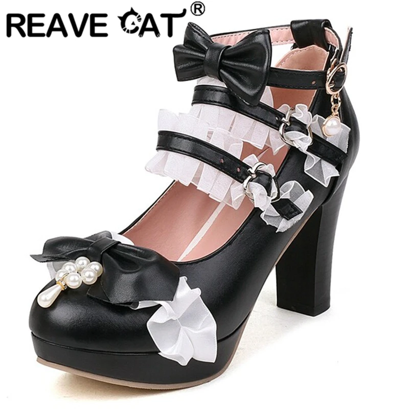

REAVE CAT 2022 Girls Shoes Platform Pumps Round Toe Block Heels Bowtie Ankle Strap Sweet Big Size 33-45 Pink Black Spring S3270