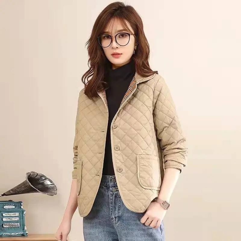 Autumn Winter Women's Short Padded Jacket Parka Warmth Jacket Korean Fashion Thin Cotton Lining Leisure Plaid Streetwear New
