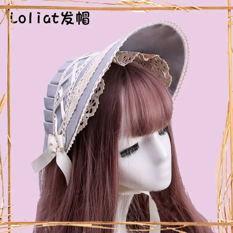 Anime Cosplay Japanese Vintage Princess Cute Sweet Lolita Blue Bow Gothic Lace Bonnet Sun Hat Headwear Accessories  Headband