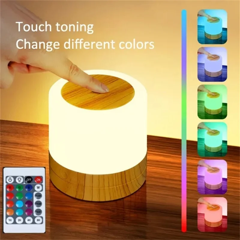 

7 Colors Night Light Dimmable LED Touch Sensor Wooden Bedside Table Lamp with Touch Adjustable Brightness Remote Control
