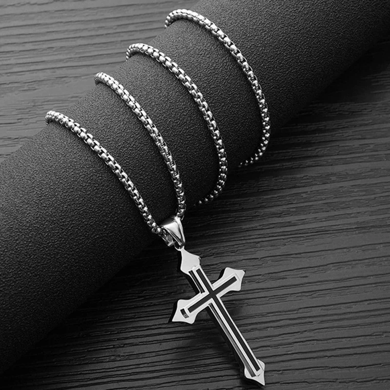 

Hip Hop Geometric Cross Pendant Necklace Men Women Silver Color Jesus Christ Religious Necklace Jewelry