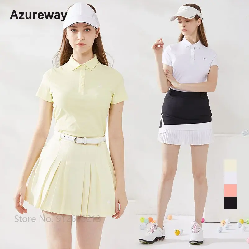 

Azureway Golf Pleated Skirt for Ladies Summer Polo Shirt Short Sleeve Tops Slim Mini Pencil Skort Dry Fit Golf Clothing Suit