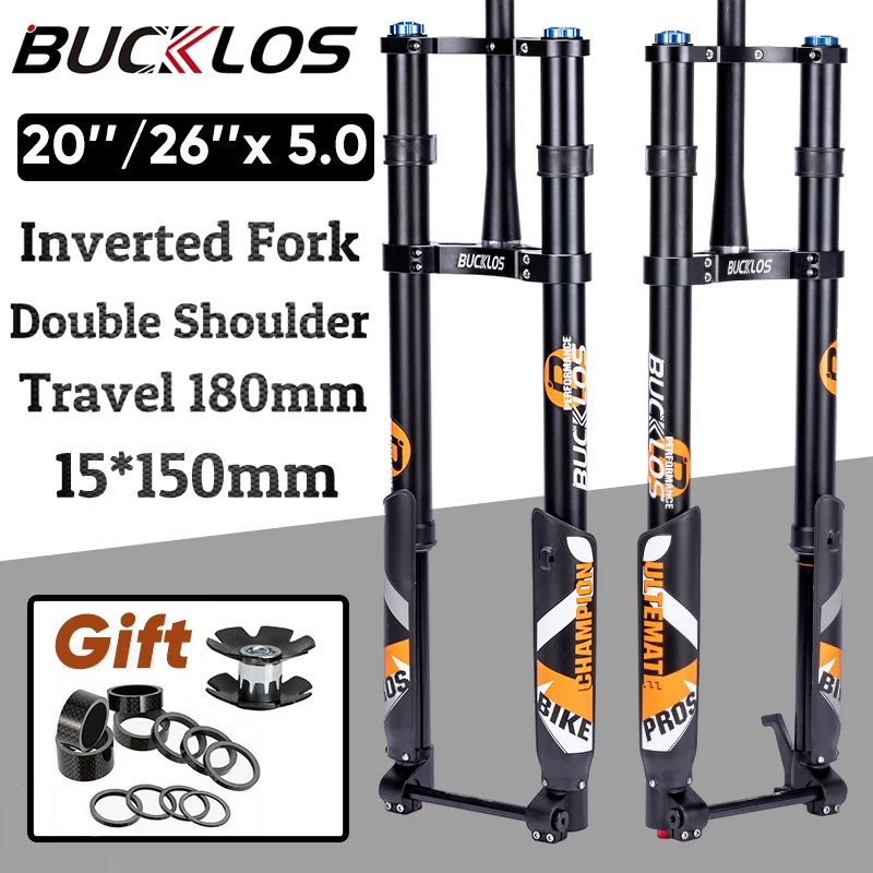 

BUCKLOS Double Shoulder Inverted Air Fork 20*5.0 26*5.0 Fat Bike Fork Travel 180mm 15*150mm Thru Axle Bicycle Suspension Fork