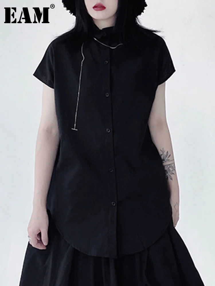

[EAM] Women Black Big Size Brief Blouse New Lapel Short Batwing Sleeve Loose Fit Shirt Fashion Tide Spring Summer 2023 1DF9621