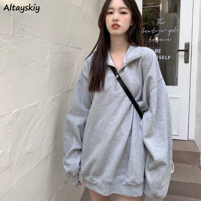

Sweatshirts Women Aesthetic Loose Zipper Leisure Harajuku Simple Tops Chic Korean Style Basic Cool Hipsters Fashion Pullover