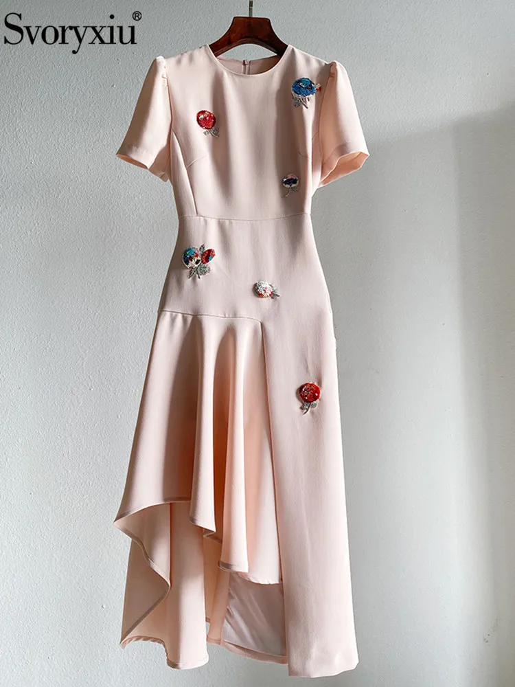 

Svoryxiu Designer Runway Summer Party Asymmetrical Dress Women's Short Sleeve Sequins Beading Pink Black Vintage Midi Dress
