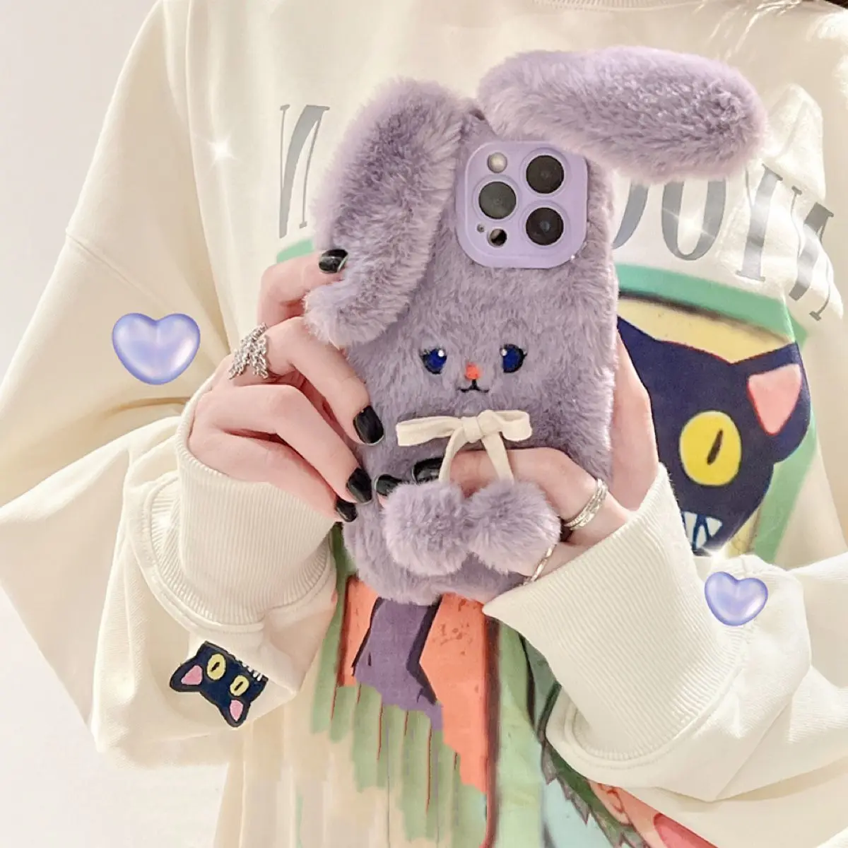 

Purple Plush Cartoon Rabbit Slicone Phone Case for For iPhone 14 13 12 11 Pro Max Mini X XS XR 7 8 Plus Cover Shockproof Funda