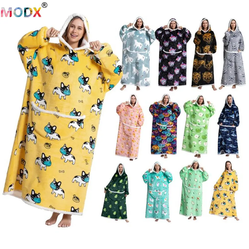 

Warm Lamb Fleece Women Sleepwear Cute Thick Hooded Long Sleepshirts Lady House Outdoor Maxi Dress Casual Printed Nightgowns 8739