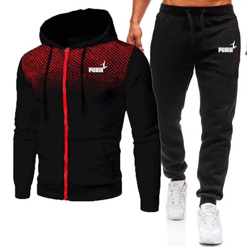 

Men Winter Sets Zipper Fleece Hoodie Dots Outwear+Sweatpants 2 Piece Set Male Workout Work Home Outfit Casual Men's Clothing