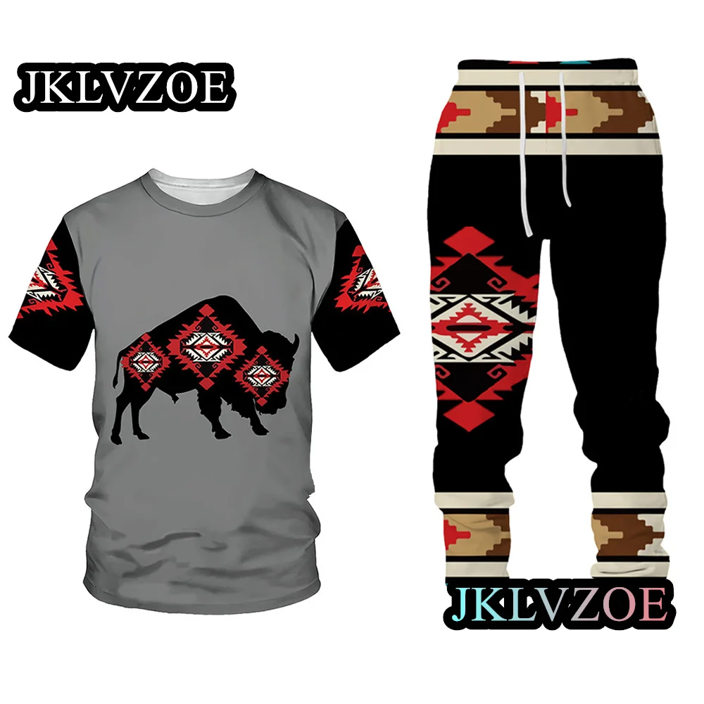 Men's Tshirt Suit Tracksuit 3D Printed Sportswear Short Sleeve T-shirt Vintage Long Pants Streetwear 2 Piece Set Male Clothes