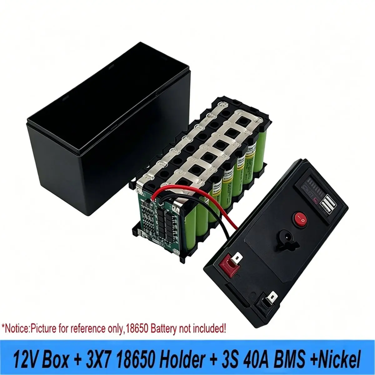 Комплект для сборки аккумуляторного блока ABSY DIY 12V 3S7P 18650: Корпус 12В + держатель для 3x7 аккумуляторов 18650 + контроллер 3S 40A + дисплей напряжения + Power Bank с двумя USB-портами B (art.: 3920dc0cc3264) - 3920dc0cc3264