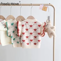freely move 2022 autumn korean style baby girls knitted pullovers vests ruffles sleeveless tops toddlers kids print waistcoats