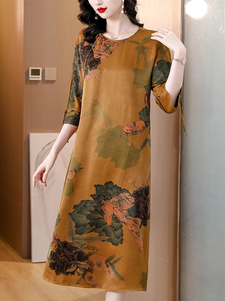 

Цветочное винтажное летнее атласное шелковое платье миди 2023 роскошное Элегантное повседневное пляжное платье с круглым вырезом для женщин