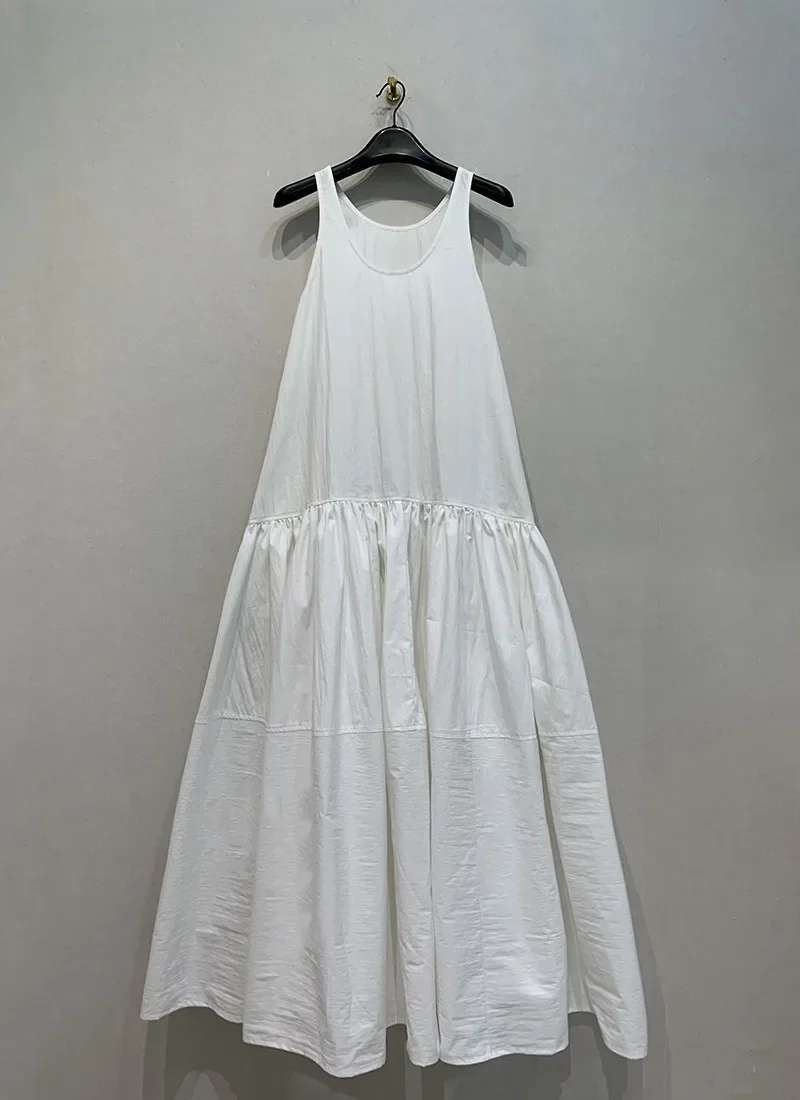 Японское платье в ленивом стиле женское летнее 2024 без рукавов с круглым вырезом