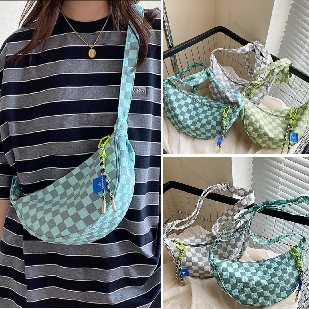 

Plaid Crossbody Bag for Women Fashion Half Moon Shoulder Bag Casual Large Capacity Hobos Bags Female Nylon Simple Handbag Purse