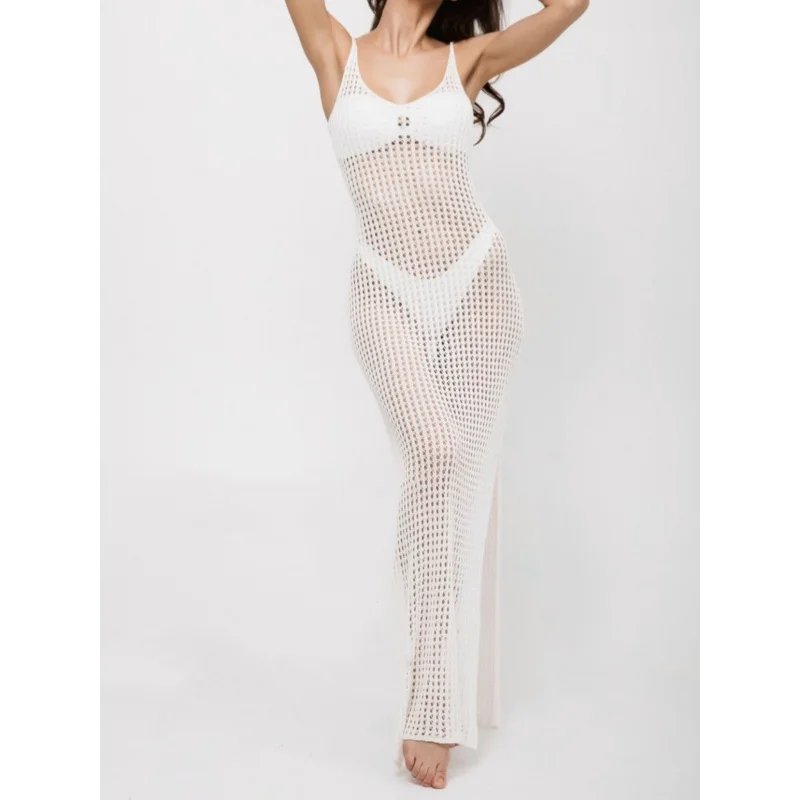 

Swimsuit Bikini Beach Cover-up Knitted Hollow Mesh V-neck Backless Side Slit Suspender Dress