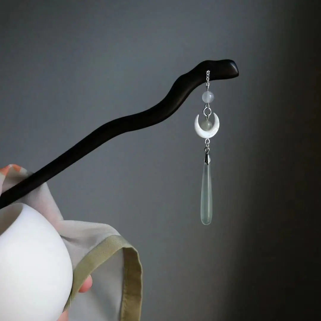 Традиционная деревянная Черная заколка для волос в китайском стиле Hanfu Moon с