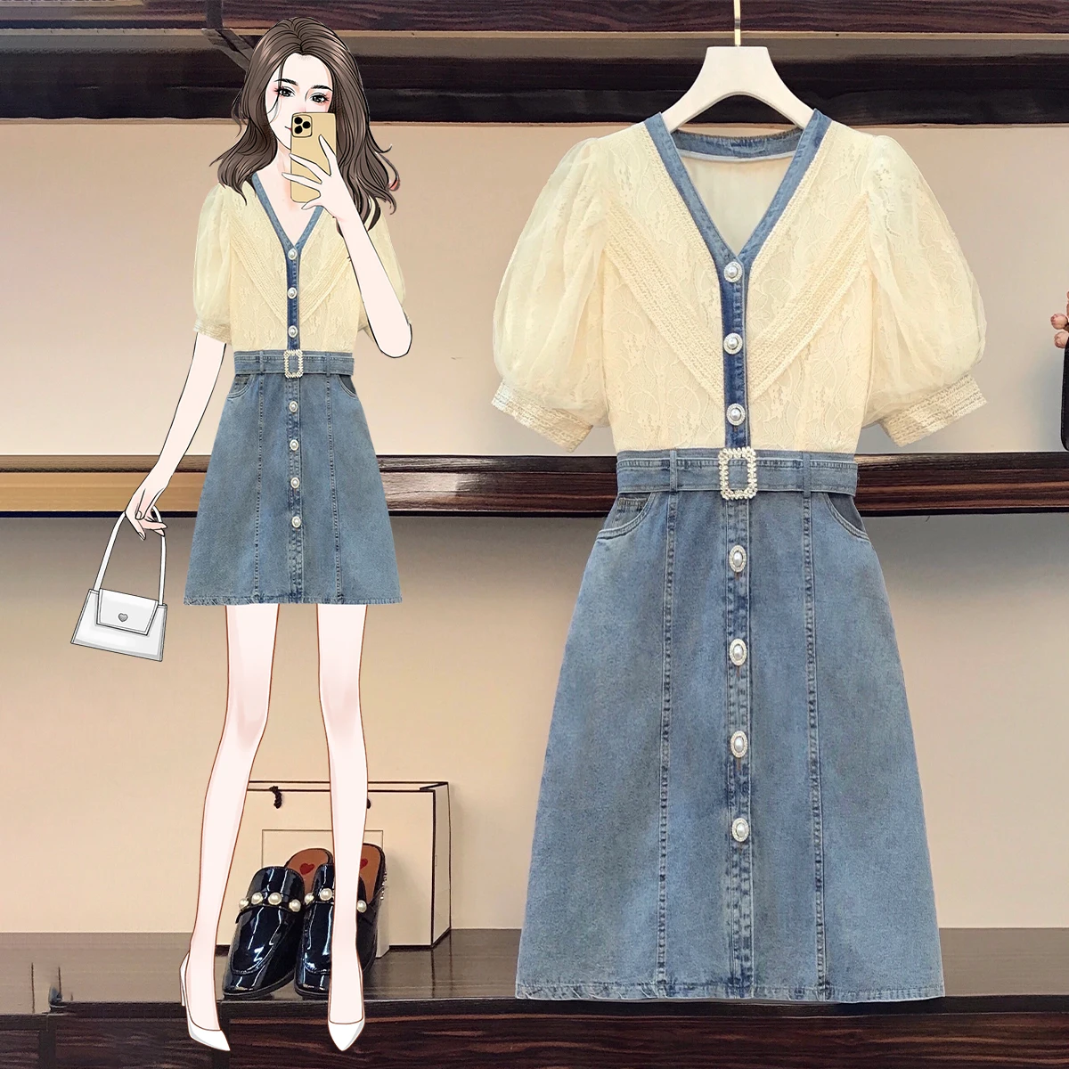 

JSXDHK S-4XL Summer Lace Patchwork Denim Dress Fashion Women Pearl Single Breasted Short Sleeve Ladies V Neck Dress With Belt