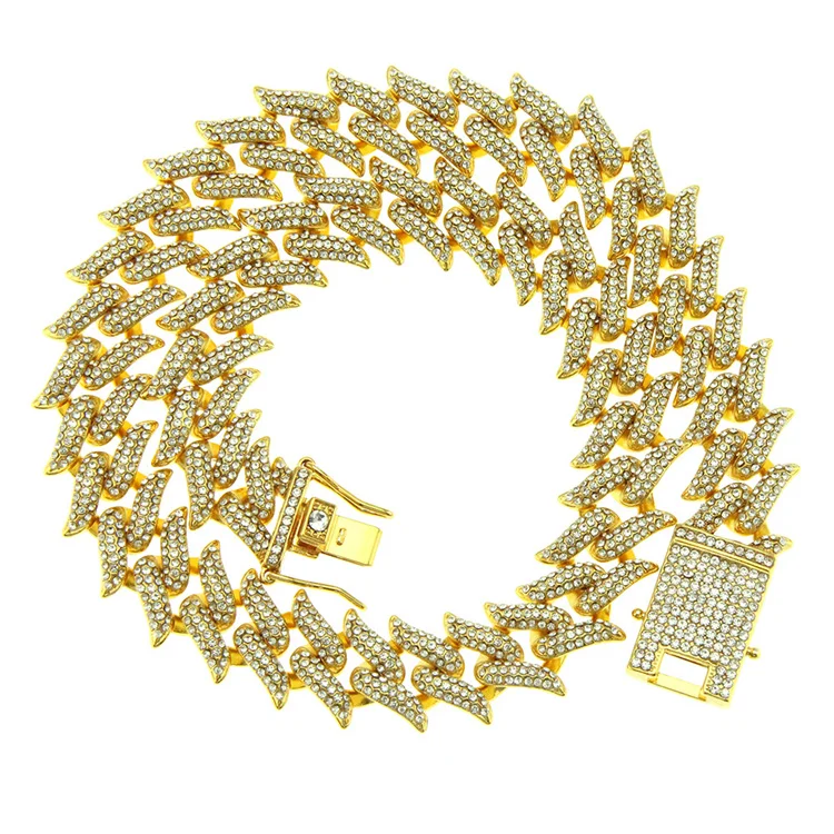 

European and American ins three-row diamond diamond-shaped thorns short thorn big Cuban chain hip-hop trendy men's necklace