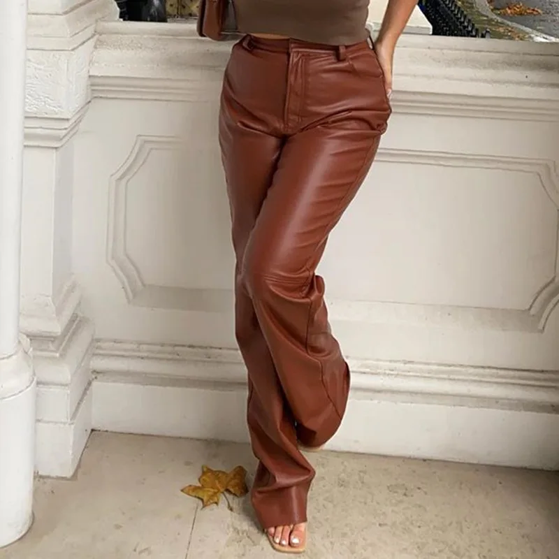 

Woman Pants Straight Leg High Waisted Button Zipper PU Bodycon Pants Faux Leather Skinny Trouses Streetwear Women Bottoms Pants