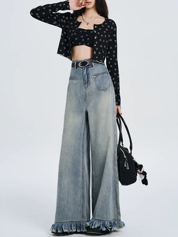 2024 Синие женские джинсы с высокой талией винтажные прямые мешковатые джинсовые