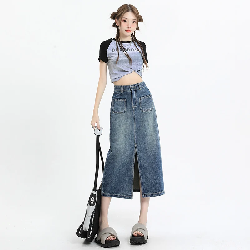 

Vintage Denim Women Skirts 2023 New High Waist Slim Fit Korean Version Half-body Skirt SUMMER Split Clothing YCMYUNYAN