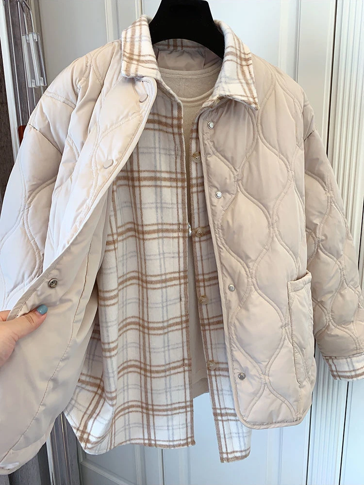 Women's Winter Jacket Fashion Parkas Lapel Oversize Vintage Clothes White Loose Warm Plaid Top Casual Quilted Coats Female