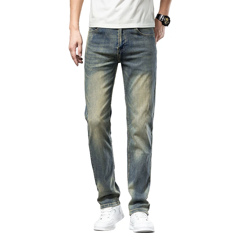 Джинсы мужские тонкие состаренные летние узкие эластичные длинные брюки с