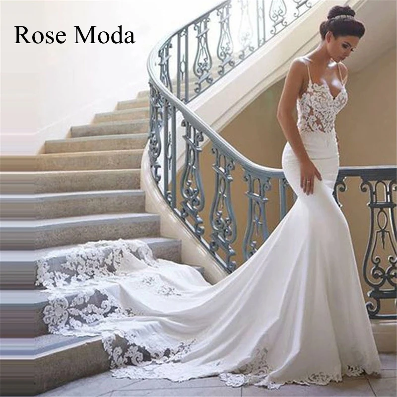 

Rose Moda Thin Straps Mermaid Wedding Dress with Lace Cut Out Train