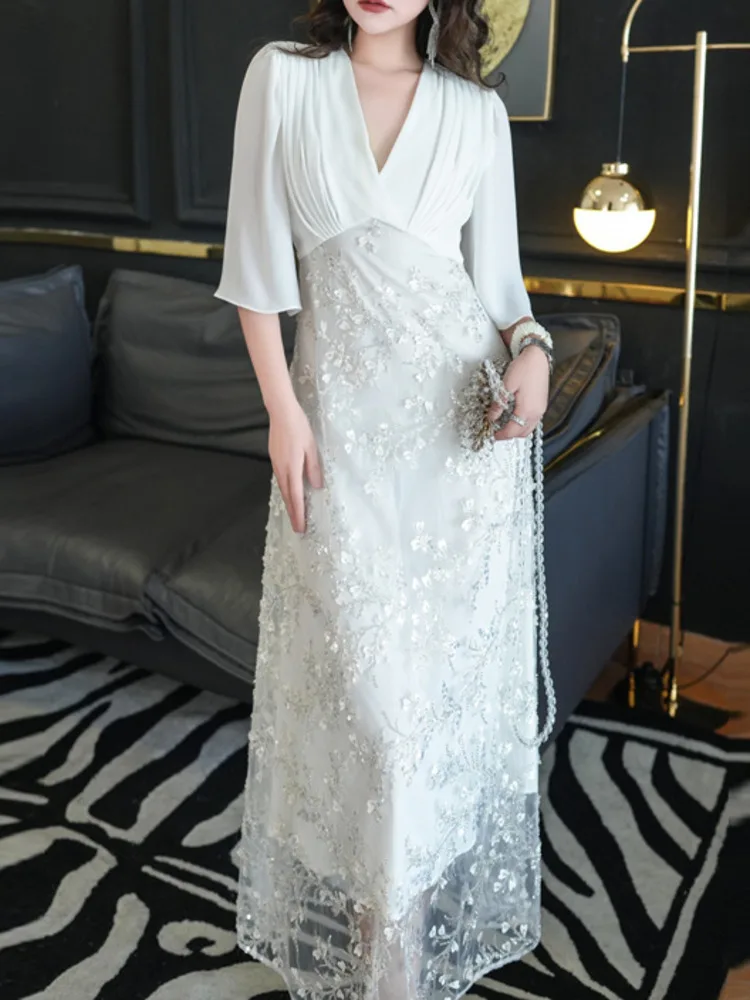 Женское платье с блестками и бусинами LGRQ лоскутное коротким рукавом V-образным