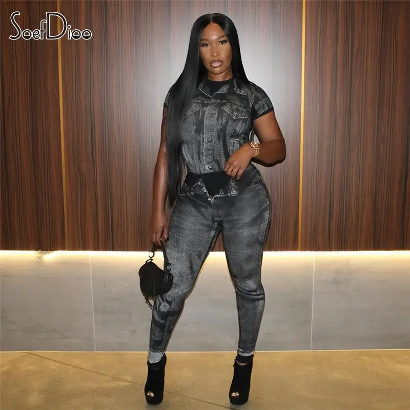 

Soefdioo 3D Denim Print Skinny Two Piece Set Women Casual Short Sleeve O-Neck Tee and Pants Matched 2024 Spring Fashion Outfits