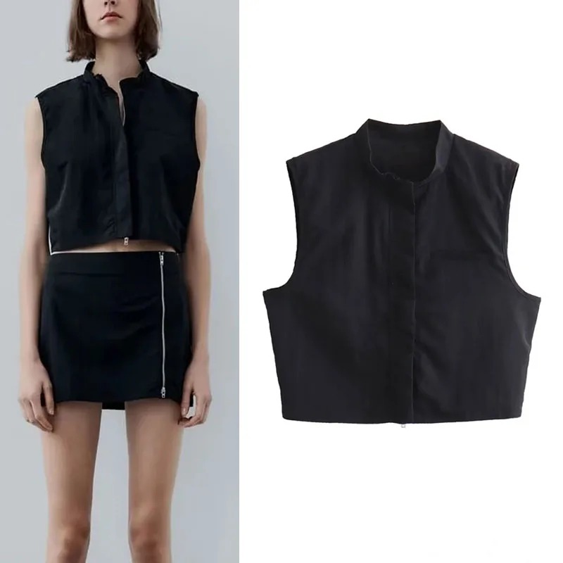 

TRAF Women Black Cropped Vest Y2k Clothing Chic Mandarin Collar Sleeveless Vest Chest Pocket Design New Female Vest Pants Sets