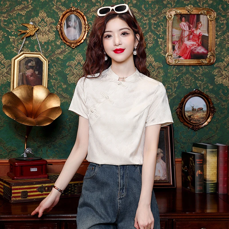 Женская шифоновая блузка в китайском стиле с коротким рукавом и
