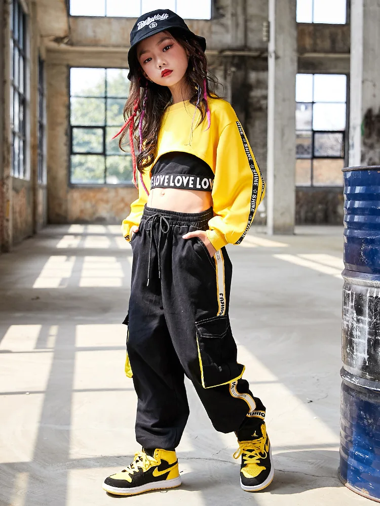 

Укороченный топ для девочек в стиле хип-хоп, брюки-карго для контрастных уличных танцев, Детская толстовка, джоггеры, Детская уличная одежда, костюмы для джаза, комплекты одежды