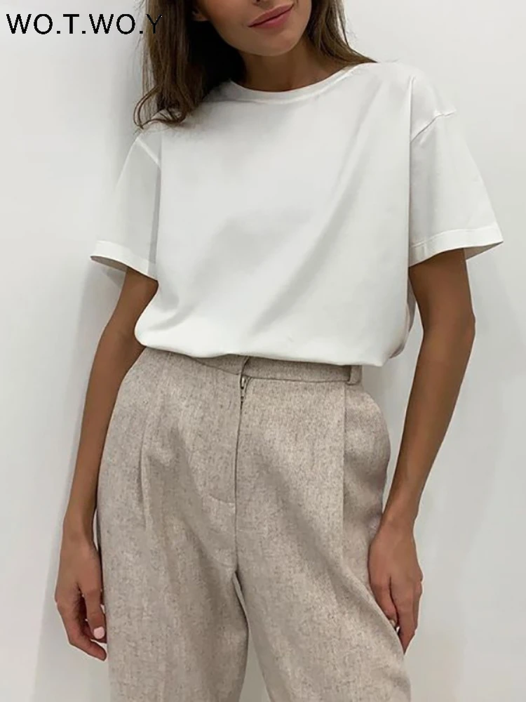 

WOTWOY Casual Solid Oversized T-shirts Women 2023 Summer Cotton Short Sleeve Tee Shirt Female Basic Loose Knitted Tops Harajuku