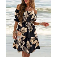ninimour women tropical print off shoulder shirred swing casual mini a line dress women short sleeve sexy party floral dress new