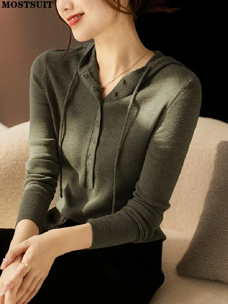 

Hooded Stylish Fashion Sweater Women Spring Autumn Long Sleeve Buttons Slim Knitted Pullover Knitwear Casual Solid Chic Jumpers